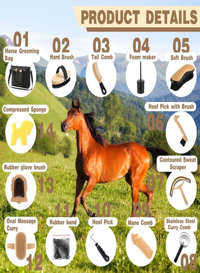 Abbylike 15 Pieces Horse Grooming Kit with Organizer Tote Bag Tack Room Supplies Horse Brush Sets Care Equine Cleaning Kit Shedding Grooming Massaging Tools(Black) - Image 3